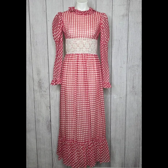 Vintage 70s Red & White Gingham Crochet Waist Prairie Maxi Dress, sz Small - Picture 2 of 6